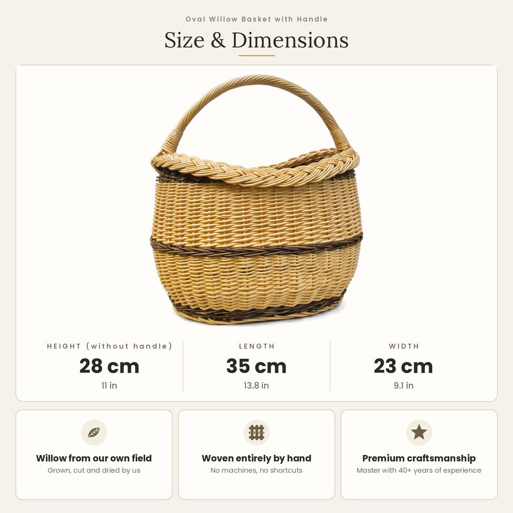 Pirkinių pintinės matmenys: aukštis be rankenos 28 cm, ilgis 35 cm, plotis 23 cm