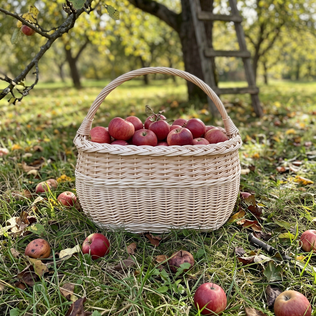 Vytelių derliaus pintinė su rankena, pilna raudonų obuolių, ant žolės rudens sode, už jos kopėčios