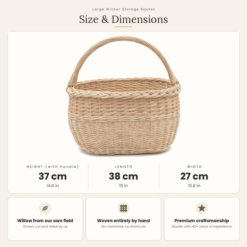 Derliaus pintinės matmenys: aukštis su rankena 37 cm, ilgis 38 cm, plotis 27 cm
