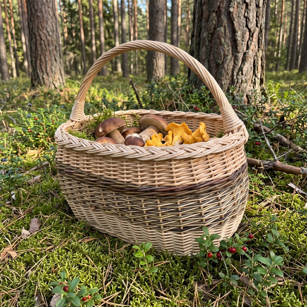 Vytelių pintinė su rankena, pilna miško grybų ir voveraičių, ant samanų pušyne