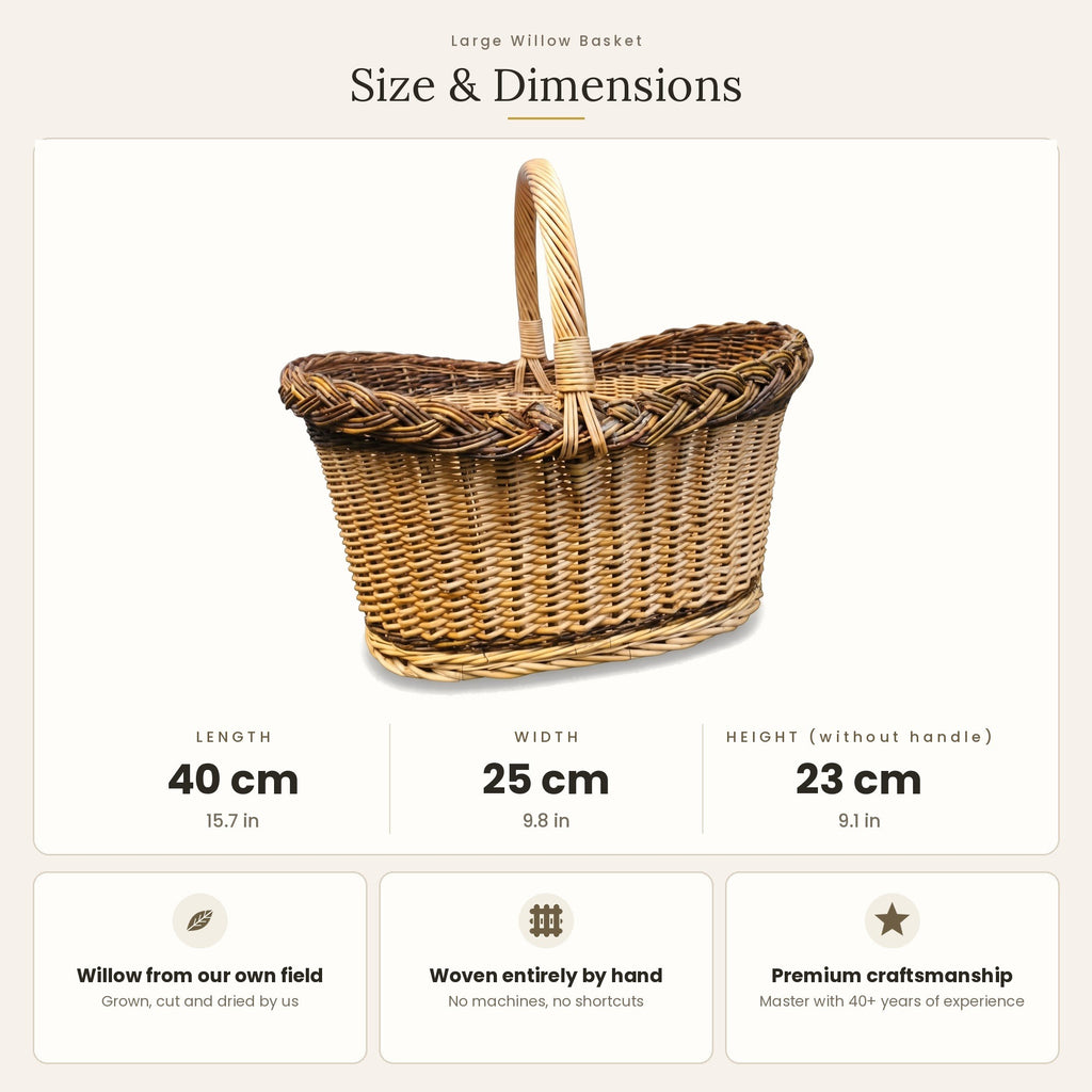 Pikniko pintinės matmenys: aukštis be rankenos 23 cm, ilgis 40 cm, plotis 25 cm