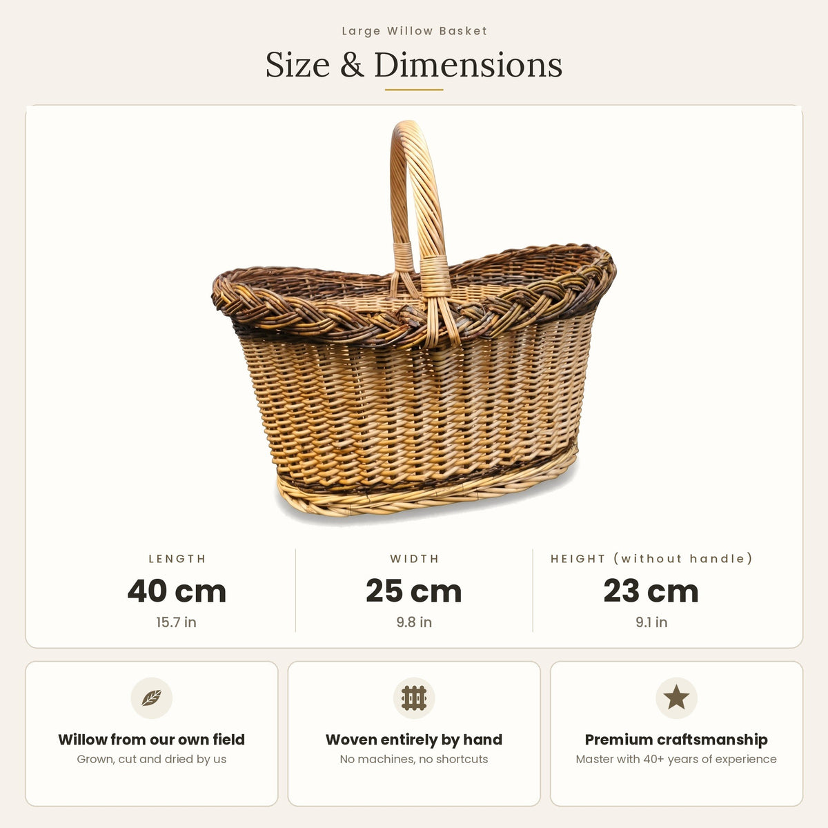 Pikniko pintinės matmenys: aukštis be rankenos 23 cm, ilgis 40 cm, plotis 25 cm