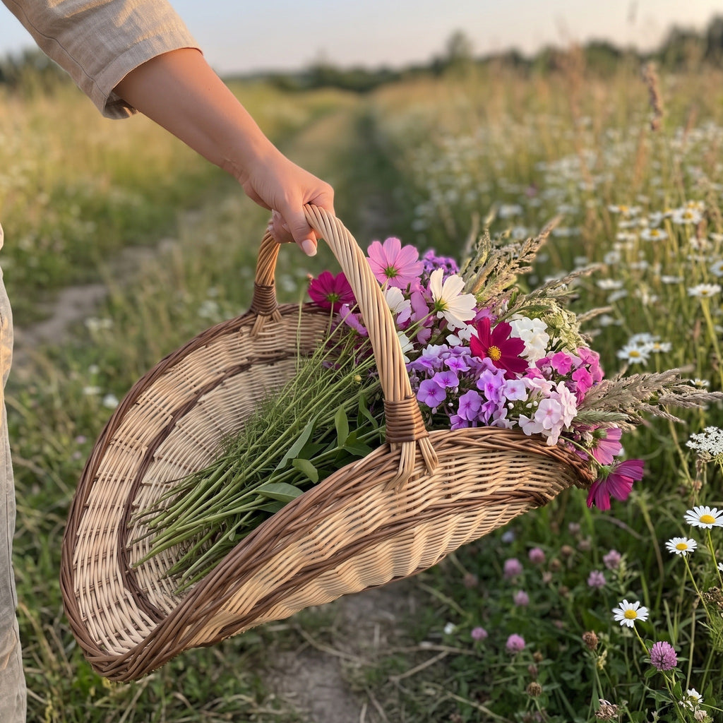 Ranka neša didelę pintinę už aukštos rankenos per lauko gėlių pievą, pintinėje sodo gėlės