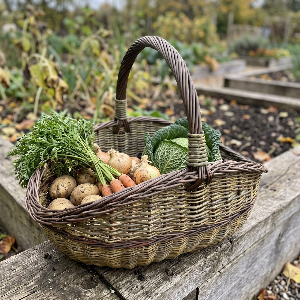 Didelė pintinė su susukta rankena, pilna morkų, bulvių, svogūnų ir kopūstų, ant pakeltos daržo lysvės