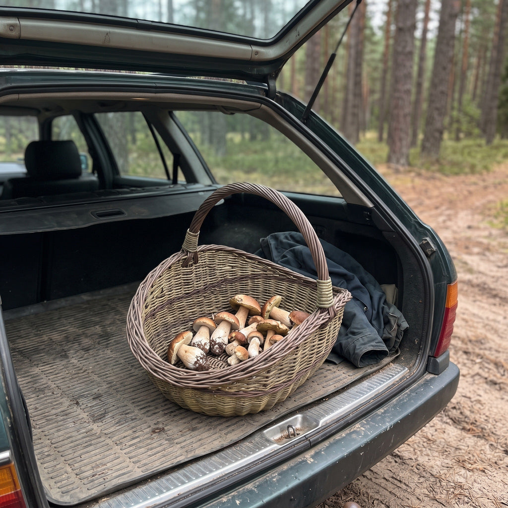 Didelė grybų pintinė su susukta rankena, pilna ką tik rastų baravykų, atviroje automobilio bagažinėje pušyne