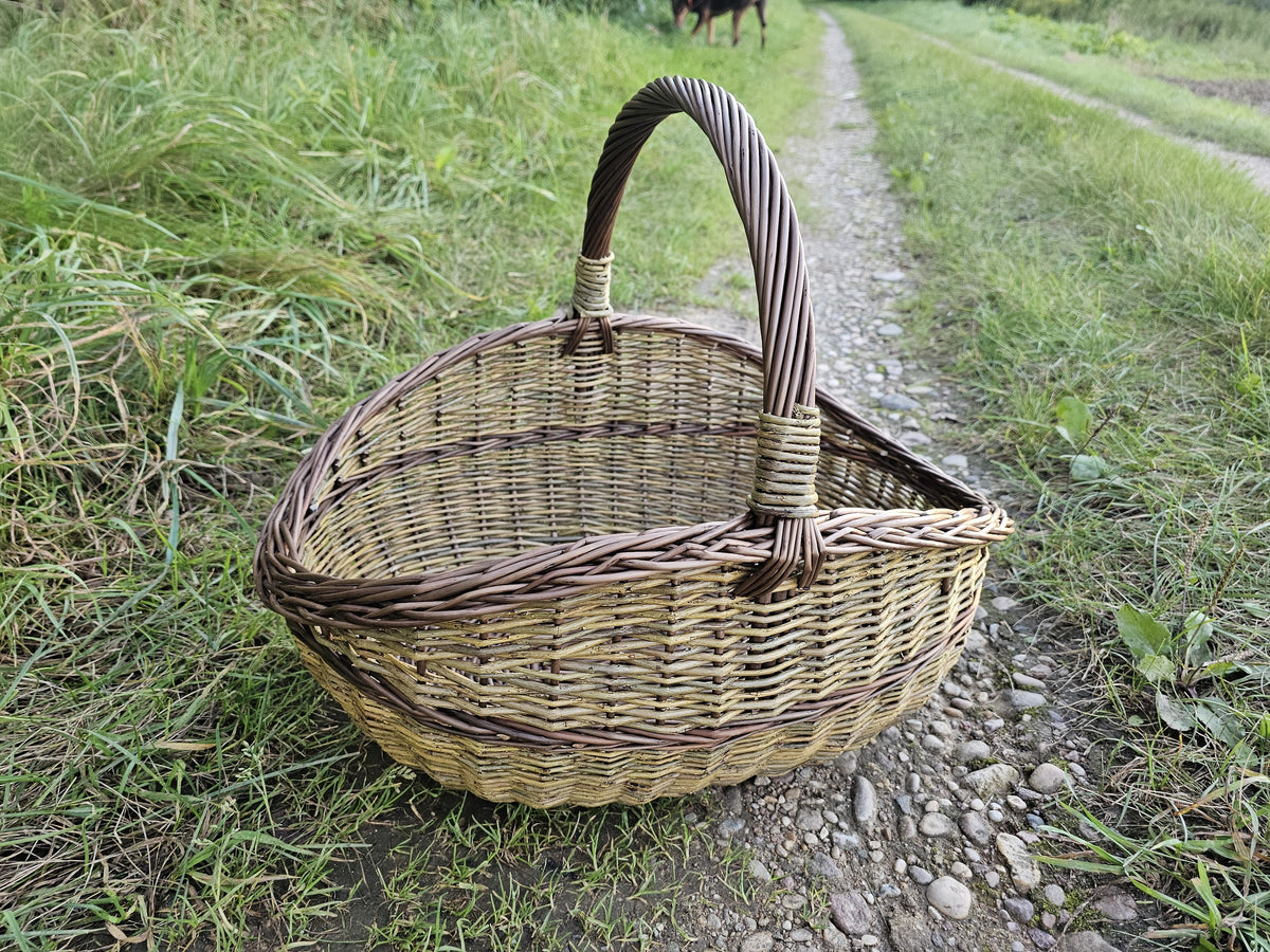 Vytelių pintinė iš kampo žolėje prie kaimo keliuko