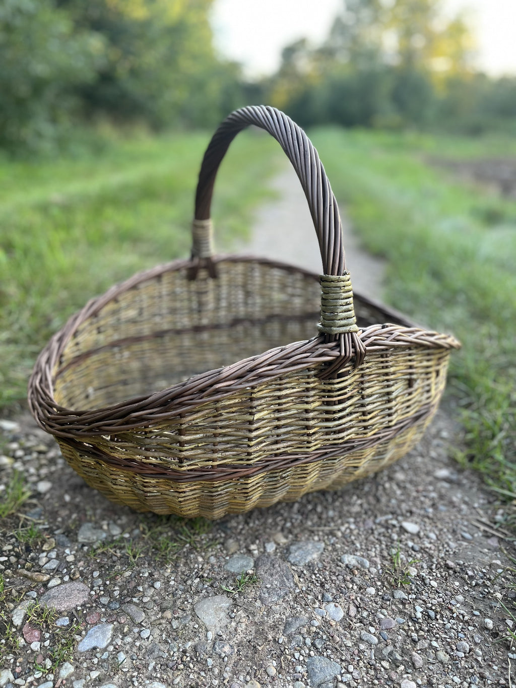 Didelė neluptų vytelių pintinė su susukta rankena ant kaimo žvyrkelio prie žolės