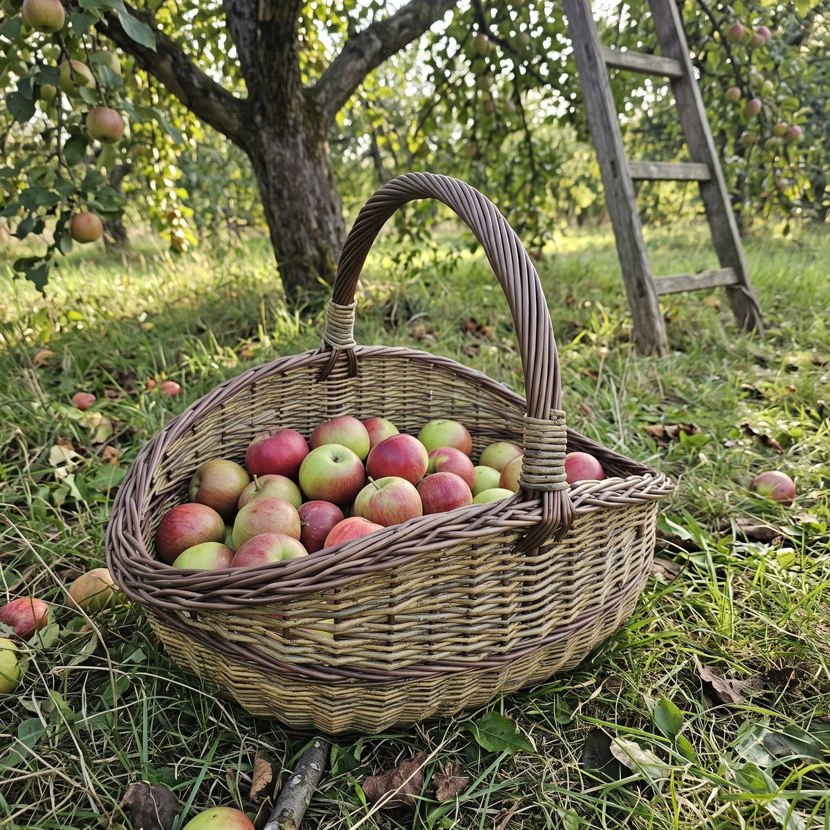 Didelė pintinė su rankena, pilna ką tik nuskintų obuolių, ant žolės sode prie kopėčių