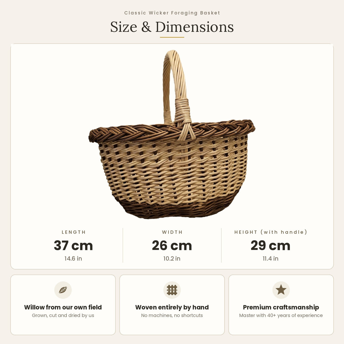 Grybų pintinės matmenys: ilgis 37 cm, plotis 26 cm, aukštis su rankena 29 cm