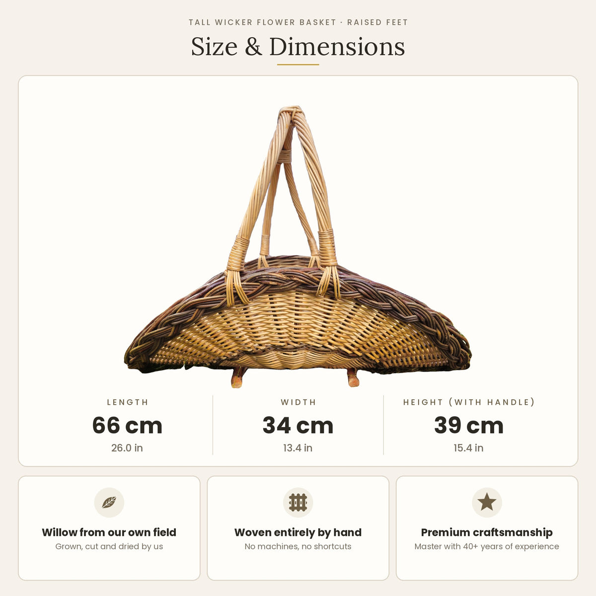 Pintinės gėlėms matmenys: ilgis 66 cm, plotis 34 cm, aukštis su rankena 39 cm