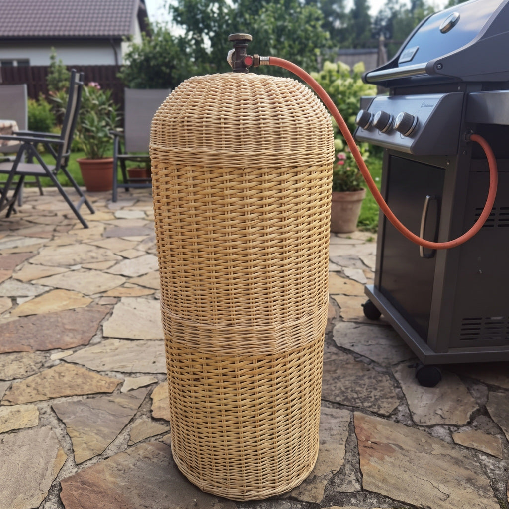 Aukštas pintas gaubtas ant akmeninės terasos prie kepsninės: ventilis ir žarna išeina pro angą viršuje