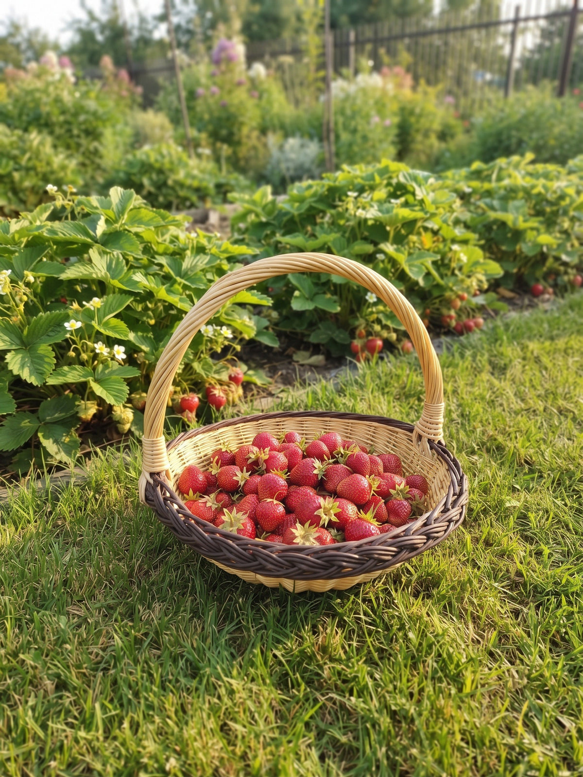 Pintinė, pilna ką tik nuskintų braškių, ant vejos prie braškių lysvės
