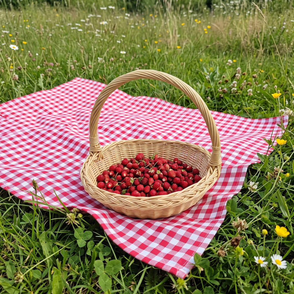 Maža pintinė, pilna žemuogių, ant raudono languoto pleduko vasaros pievoje