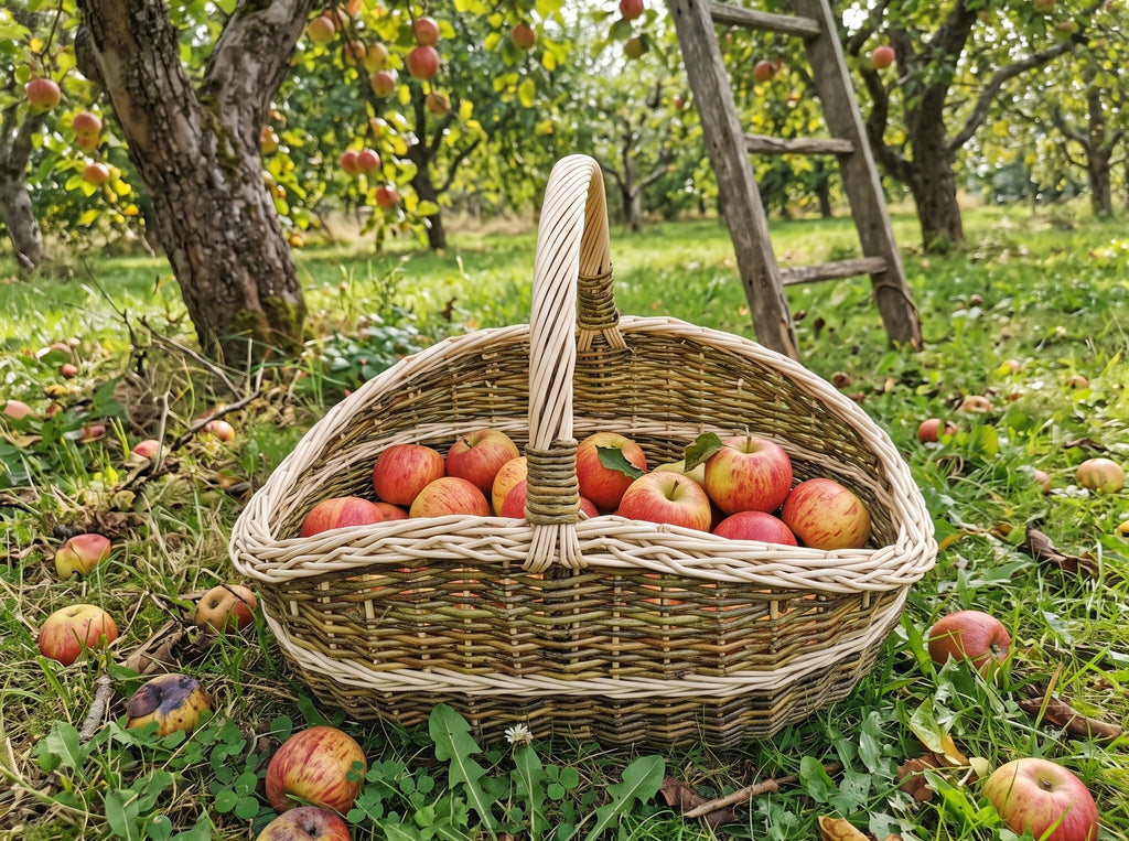 Sodo pintinė su susukta rankena, pilna raudonų obuolių, ant žolės sode tarp nukritusių obuolių ir medinių kopėčių