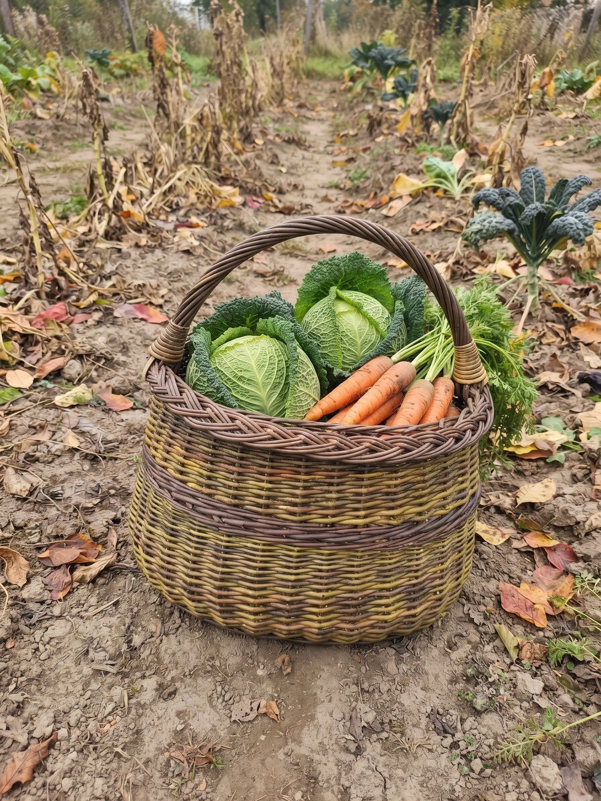 Vytelių pintinė, pilna garbanotųjų kopūstų ir morkų, ant žemės rudens darže