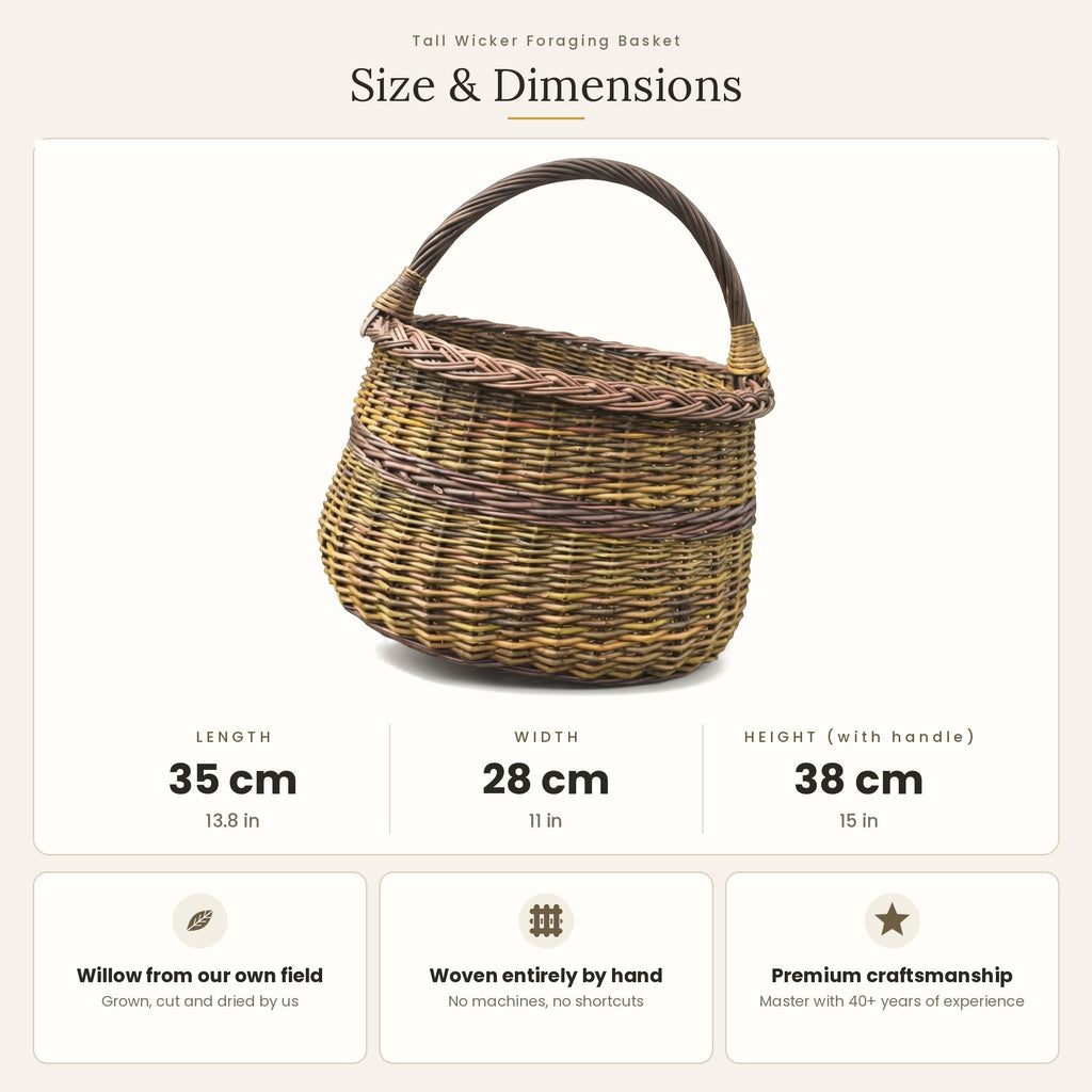 Grybavimo pintinės matmenys: ilgis 35 cm, plotis 28 cm, aukštis su rankena 38 cm