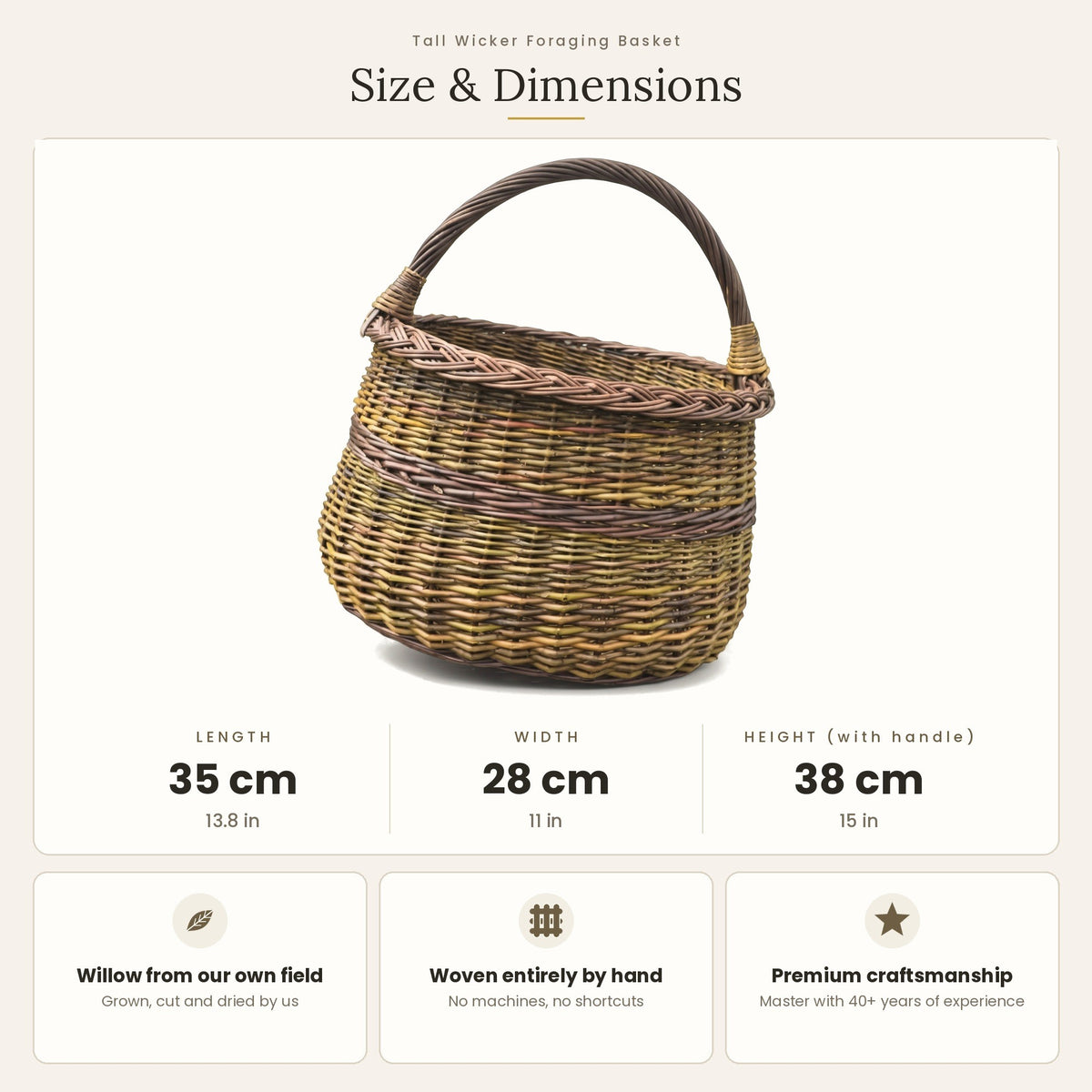 Grybavimo pintinės matmenys: ilgis 35 cm, plotis 28 cm, aukštis su rankena 38 cm