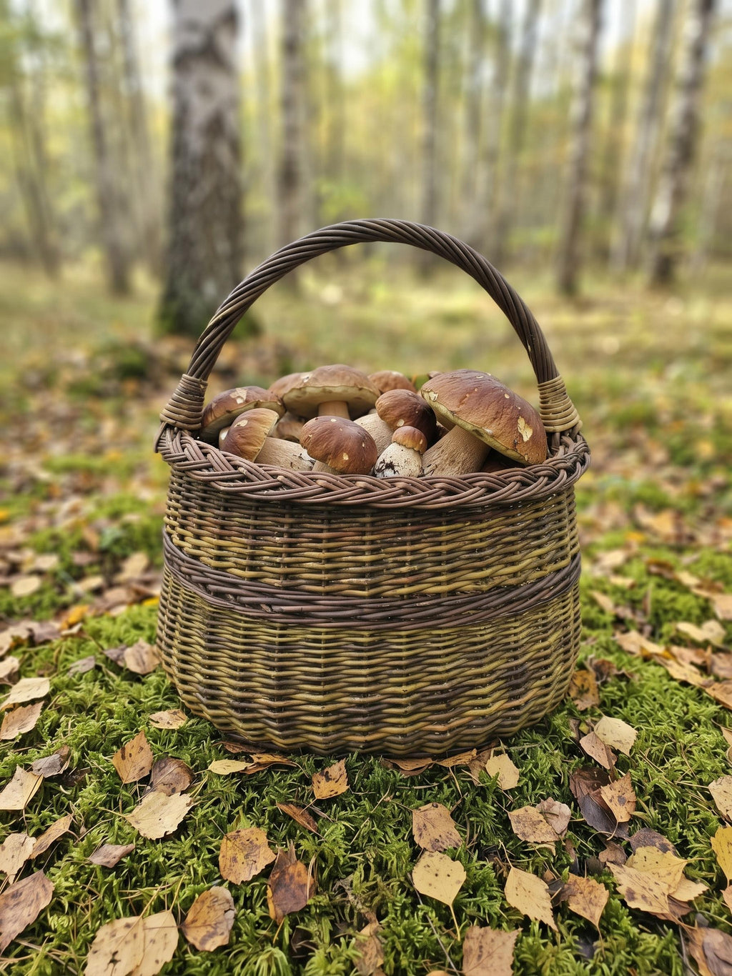 Grybų pintinė su rankena, pilna baravykų, ant samanų ir lapų rudens beržyne