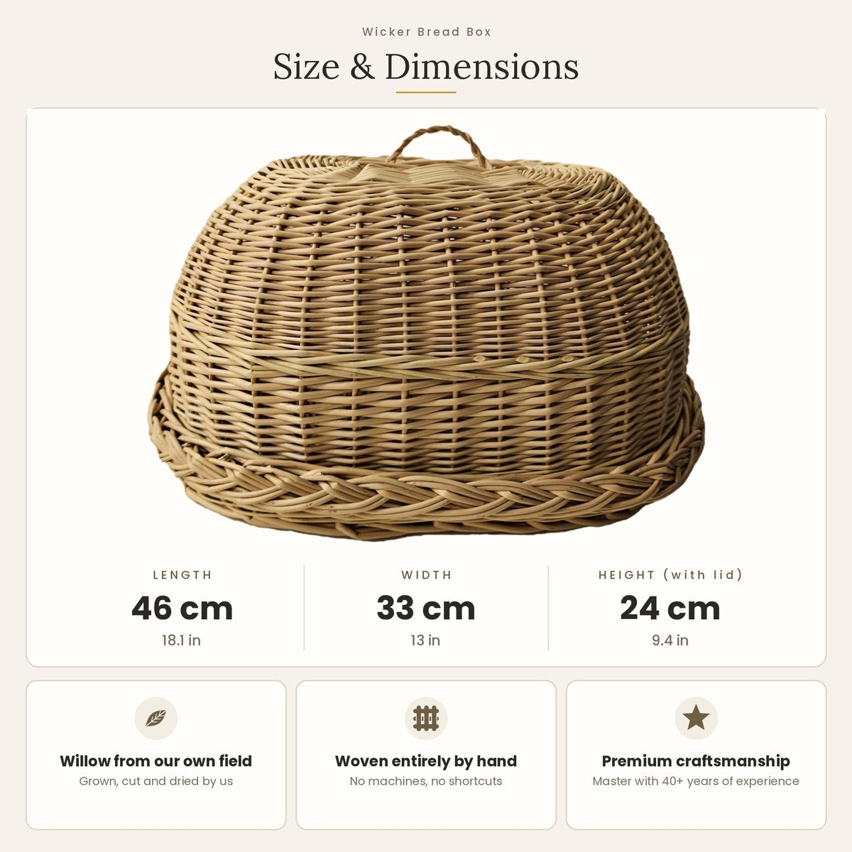 Duoninės matmenys: ilgis 46 cm, plotis 33 cm, aukštis su gaubtu 24 cm