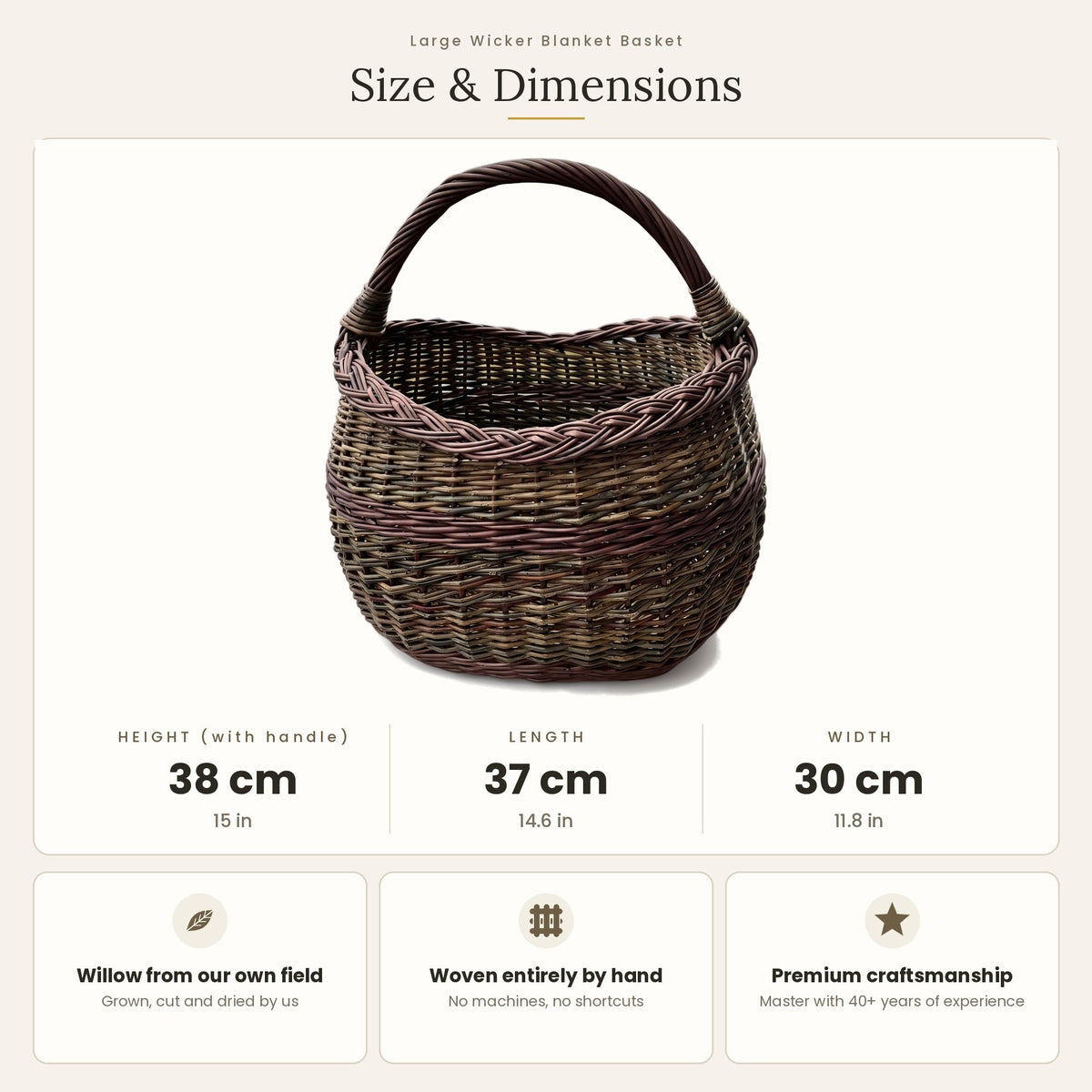 Turgaus pintinės matmenys: aukštis su rankena 38 cm, ilgis 37 cm, plotis 30 cm