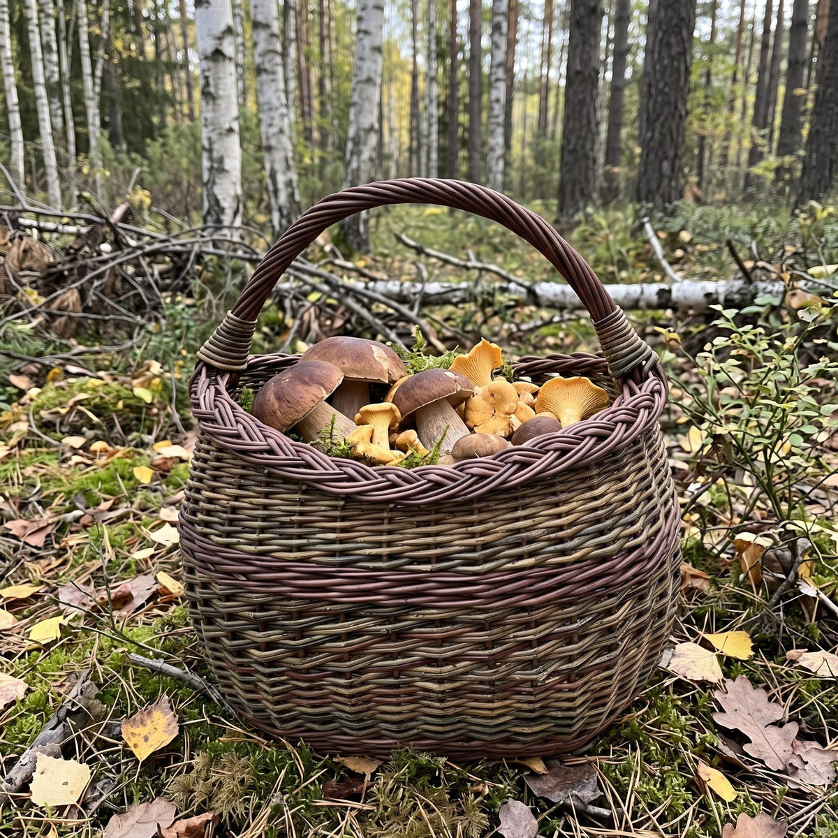 Vytelių pintinė su kasele pintu kraštu ir lanko formos rankena, pilna miško grybų, ant nukritusių lapų beržyne