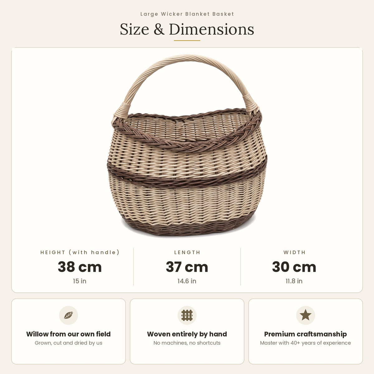 Pintinės matmenys: aukštis su rankena 38 cm, ilgis 37 cm, plotis 30 cm