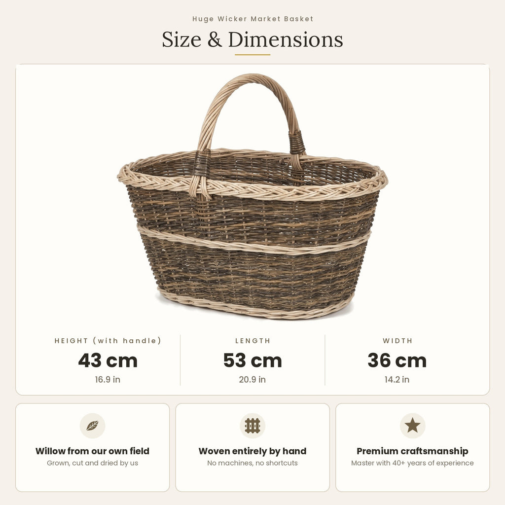 Pintinės derliui matmenys: aukštis su rankena 43 cm, ilgis 53 cm, plotis 36 cm