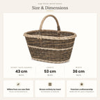 Pintinės derliui matmenys: aukštis su rankena 43 cm, ilgis 53 cm, plotis 36 cm
