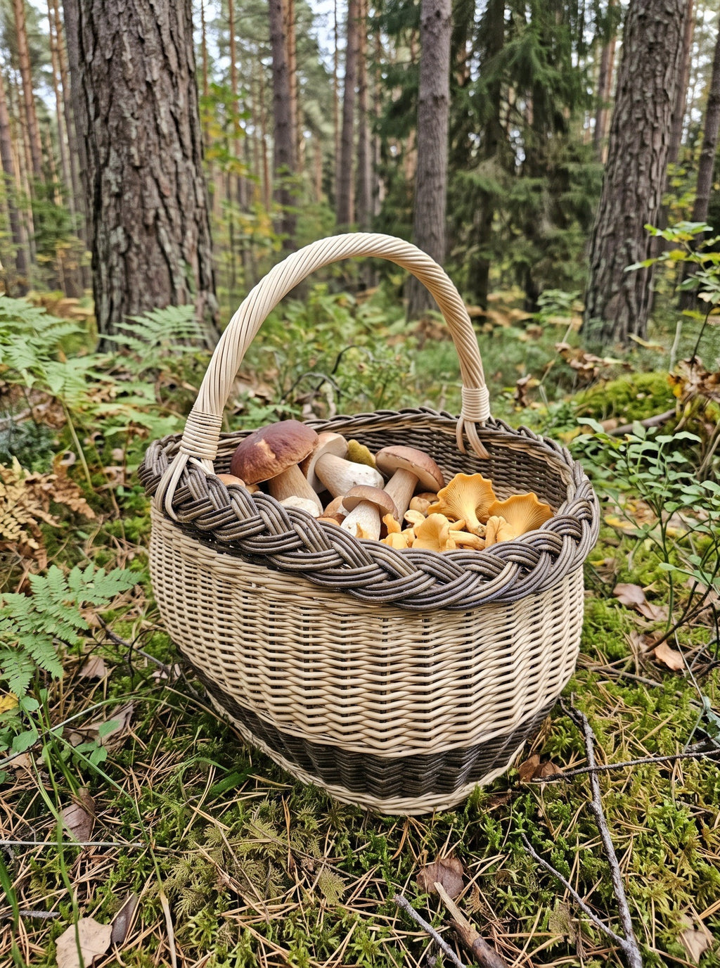 Grybų pintinė su rankena, pilna baravykų ir voveraičių, ant samanų pušyne