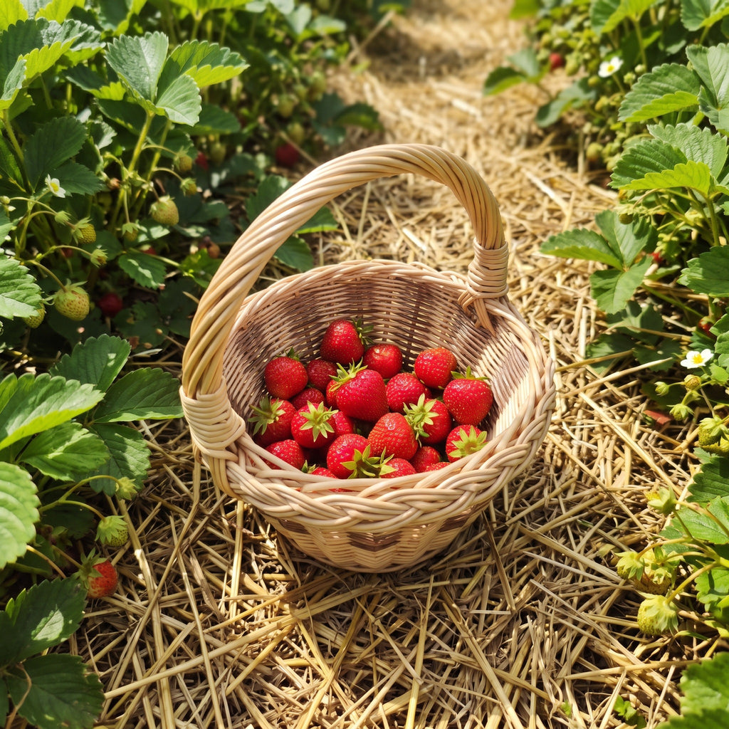 Mažytė pintinė su lanko formos rankena, pilna ką tik nuskintų braškių, ant šiaudų tarp braškių