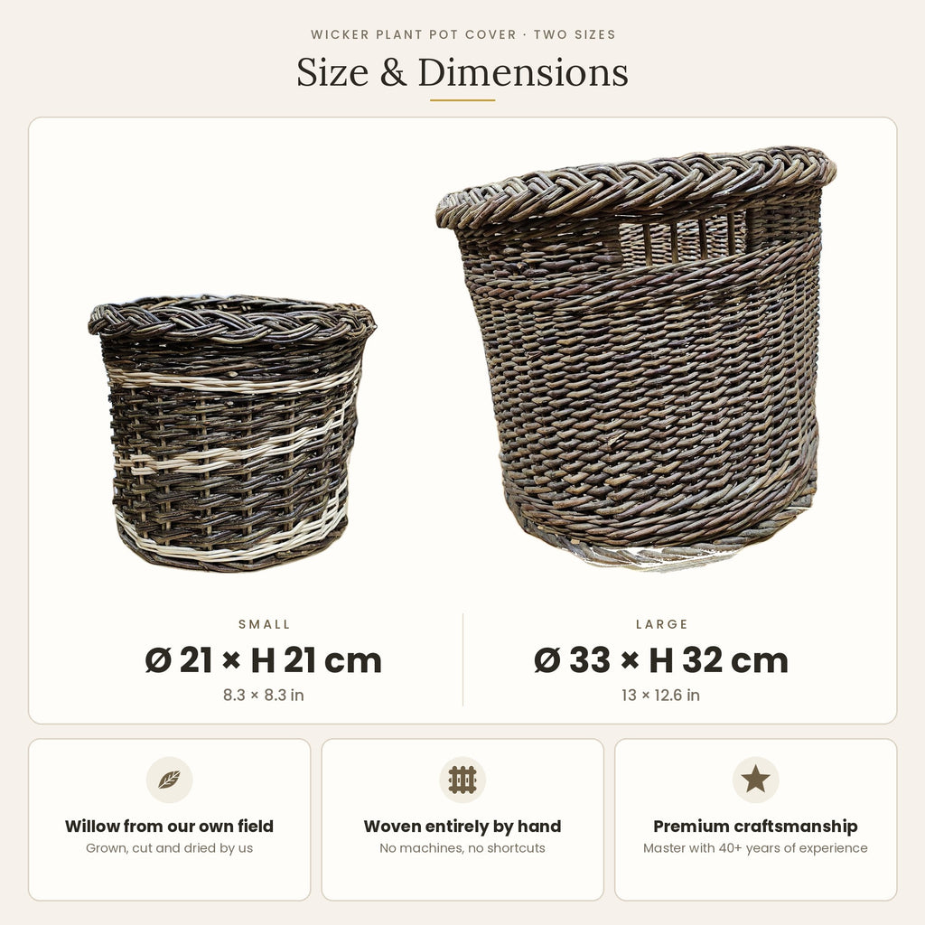 Pintinės vazonui matmenys: mažoji – skersmuo 21 cm, aukštis 21 cm; didžioji – skersmuo 33 cm, aukštis 32 cm