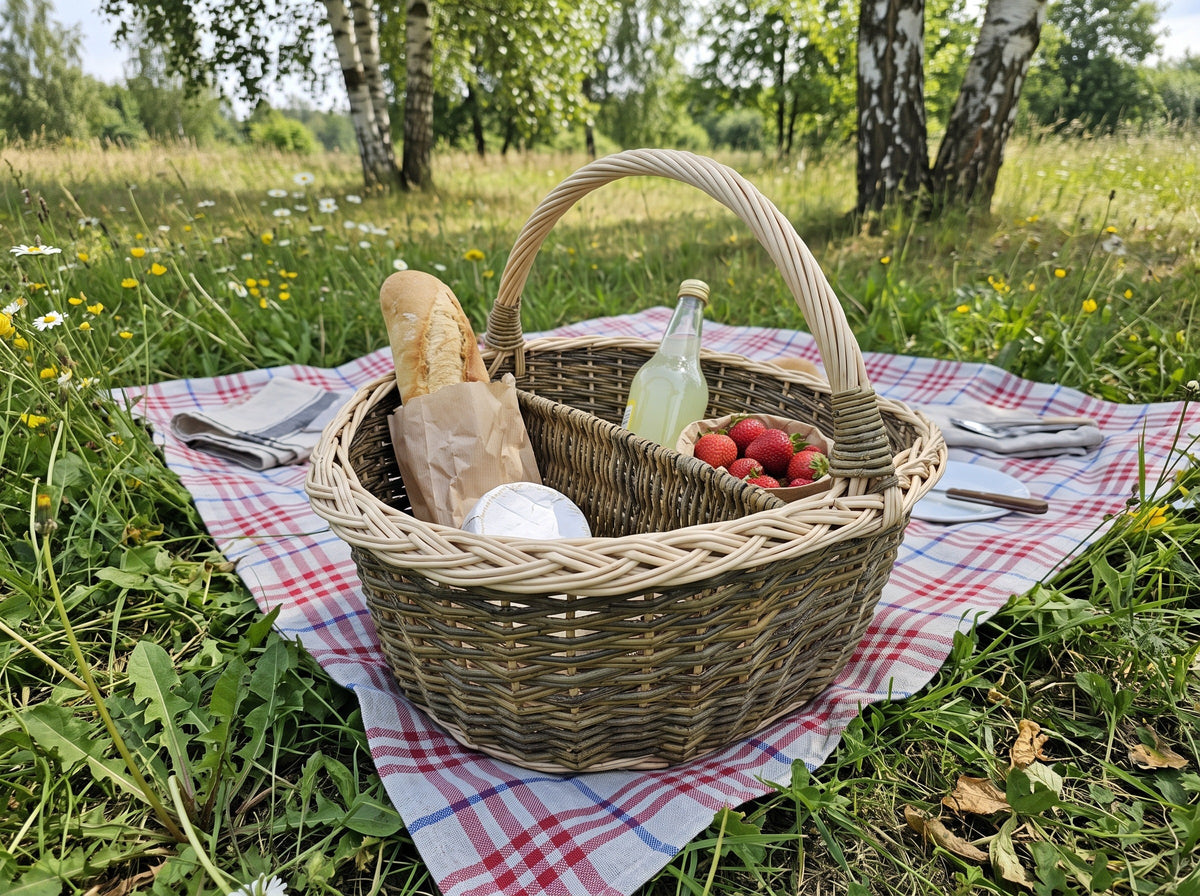 Iškylų pintinė su pertvara: batonas, sūris, limonadas ir braškės ant languoto pledo pievoje