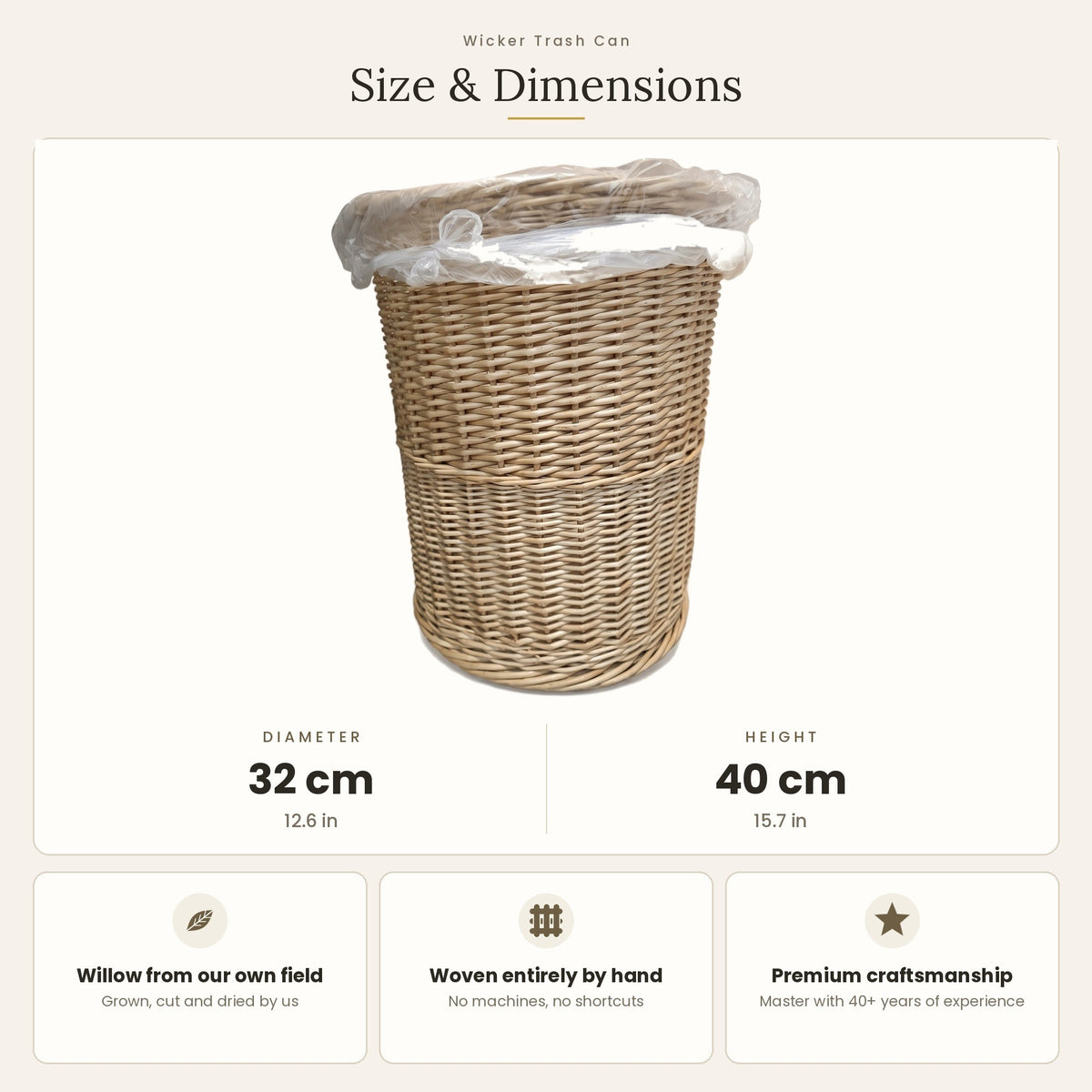 Šiukšlių dėžės matmenys: skersmuo 32 cm, aukštis 40 cm