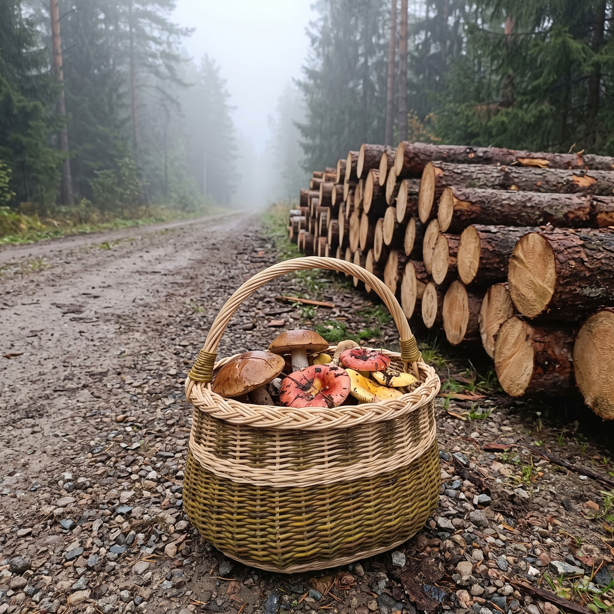 Grybų pintinė su rankena, pilna miško grybų, ant žvyruoto miško kelio prie sukrautų rąstų ūkanotą rytą
