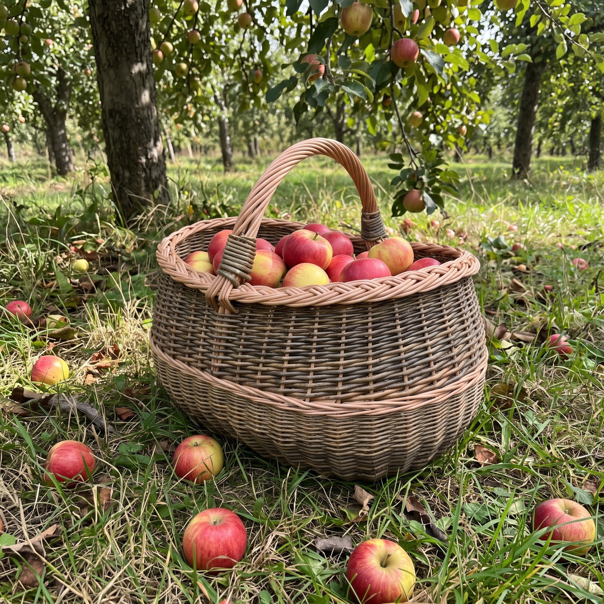 Didelė turgaus pintinė su rankena, pilna ką tik nuskintų obuolių, ant žolės po obelimis rudens sode