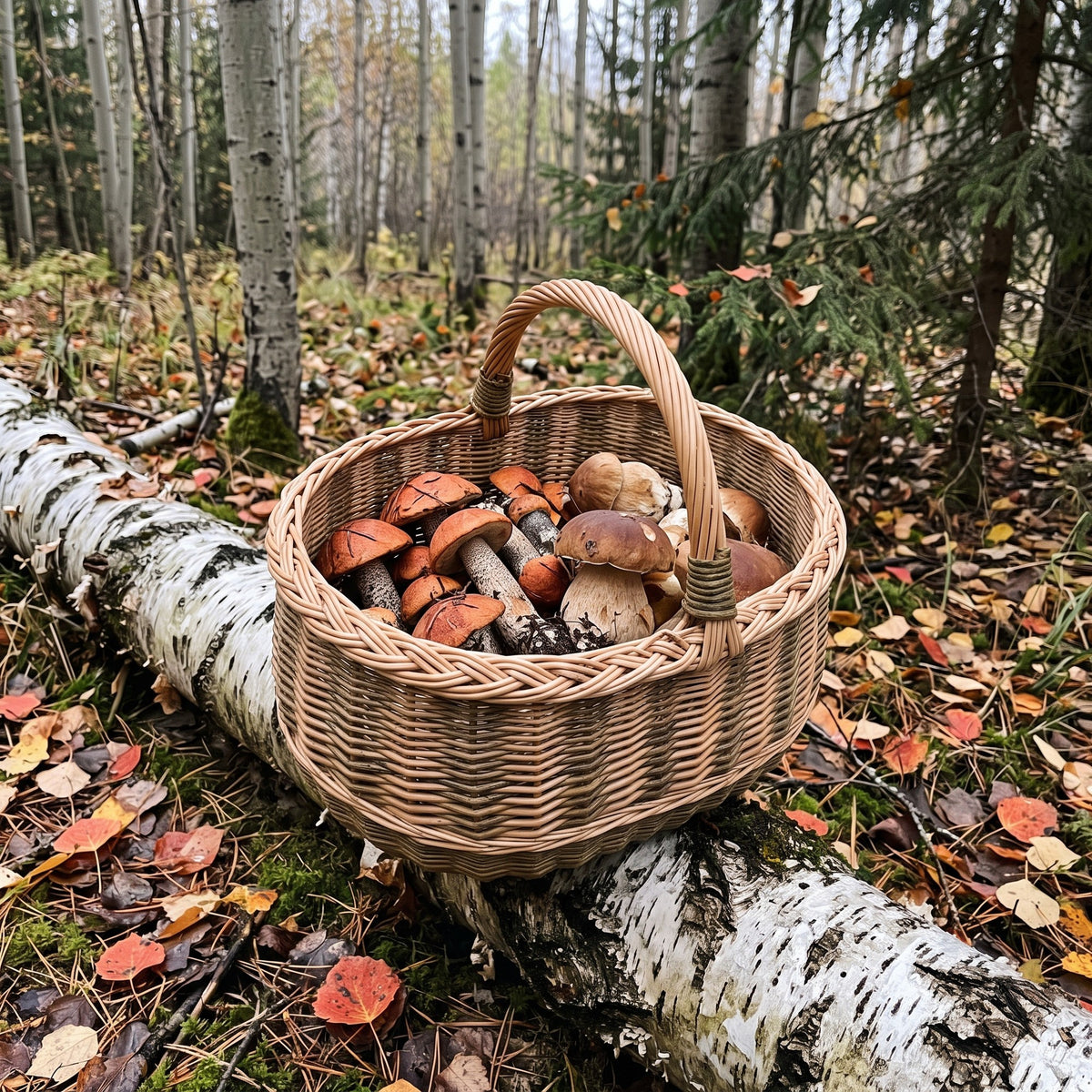 Didelė vytelių pintinė, pilna miško grybų, ant nuvirtusio beržo kamieno tarp rudens lapų