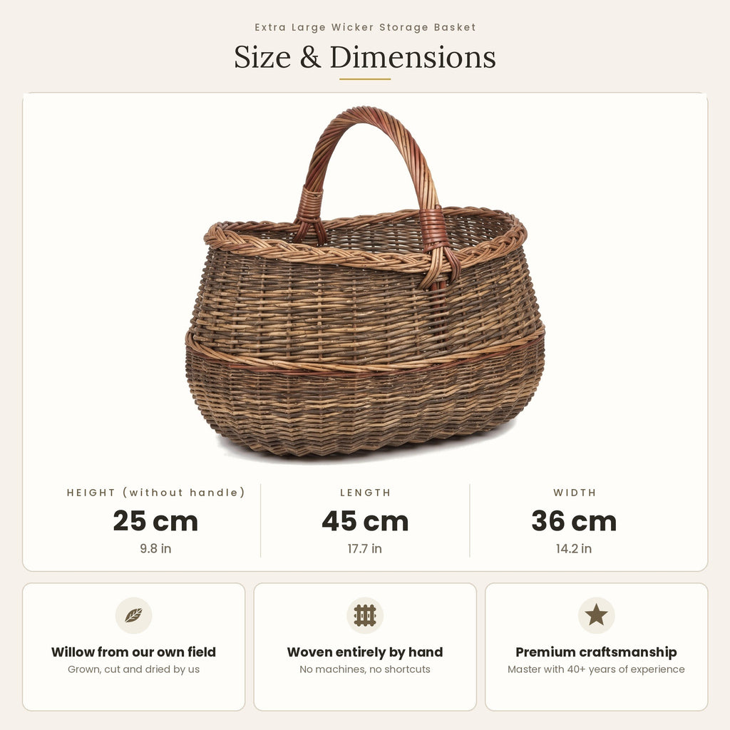 Pintinės matmenys: aukštis be rankenos 25 cm, ilgis 45 cm, plotis 36 cm