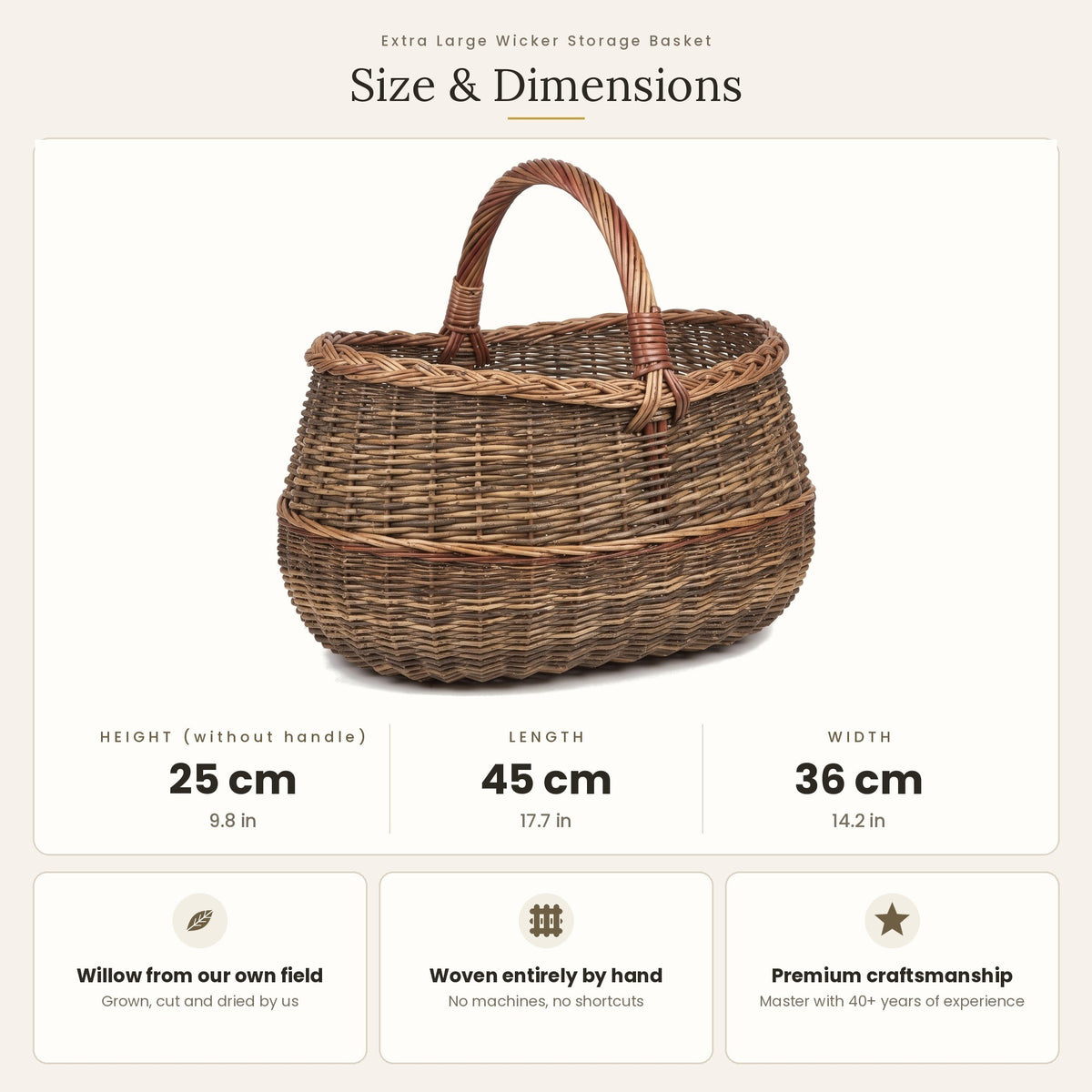 Pintinės matmenys: aukštis be rankenos 25 cm, ilgis 45 cm, plotis 36 cm