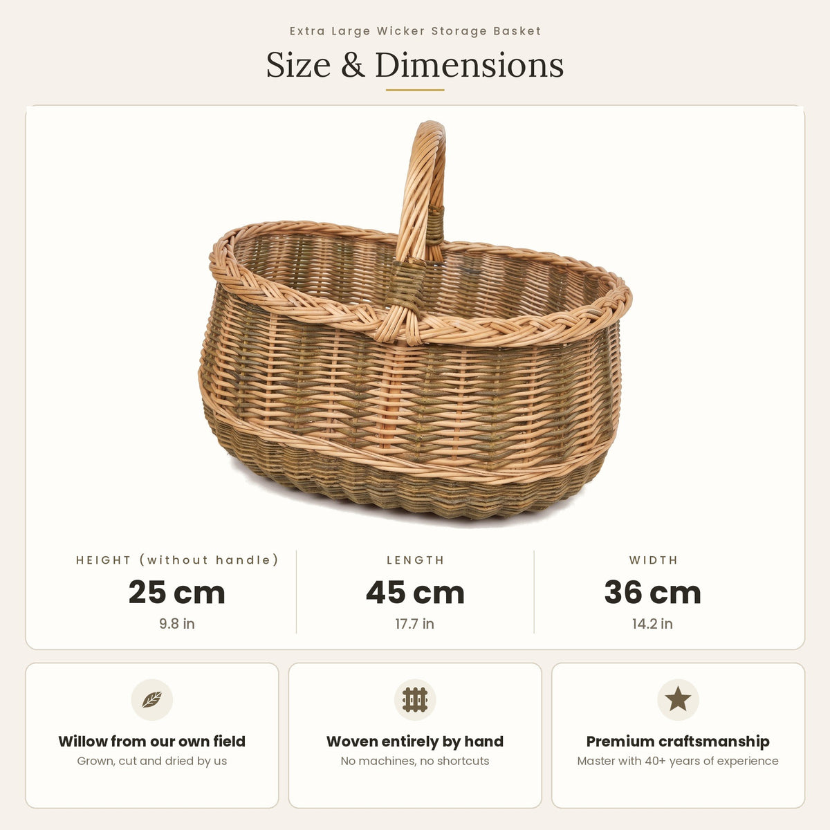 Didelės turgaus pintinės matmenys: aukštis be rankenos 25 cm, ilgis 45 cm, plotis 36 cm