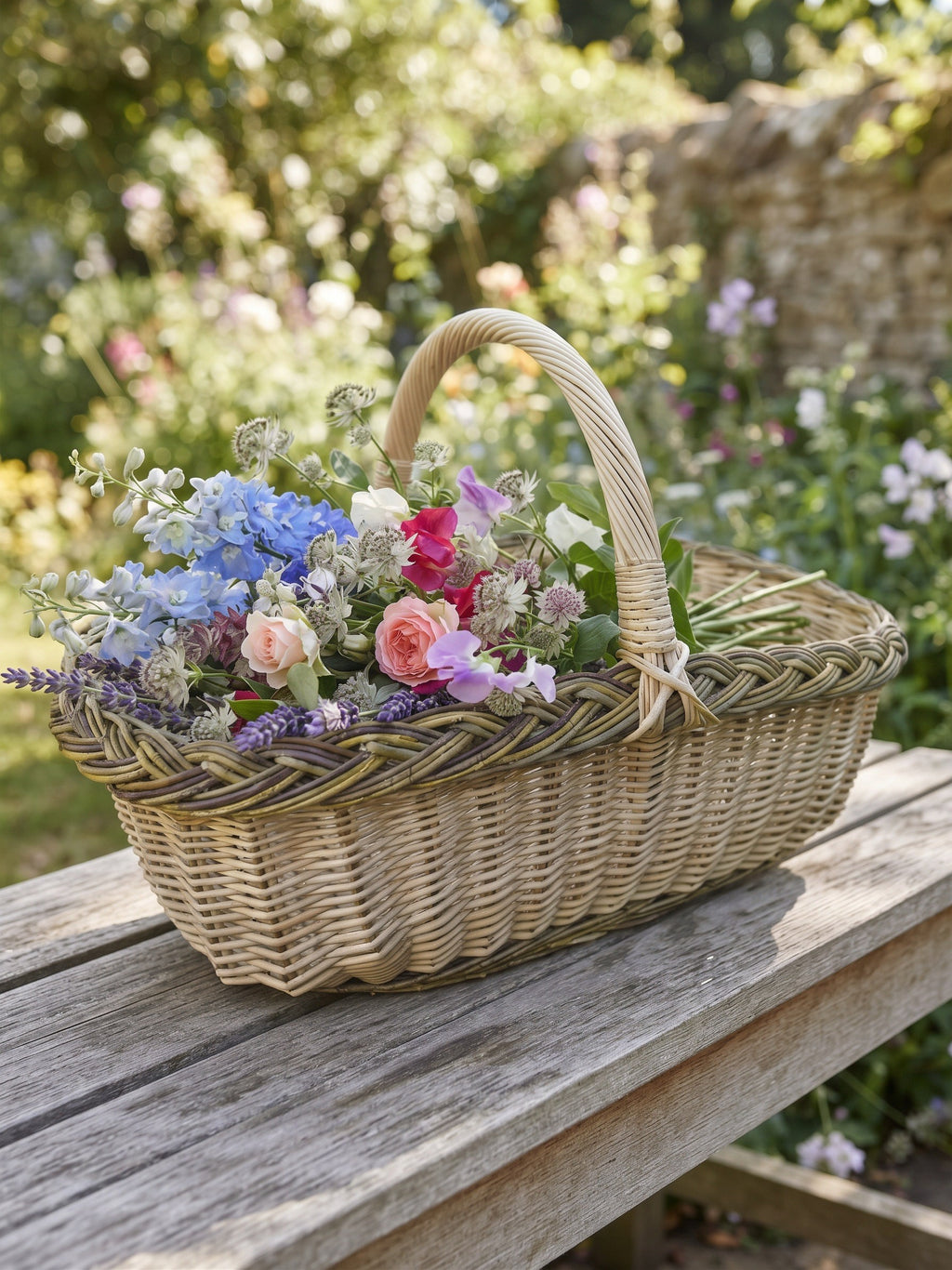 Wicker foraging basket with arched handle filled with a bouquet of garden flowers on a weathered wooden bench in a cottage garden