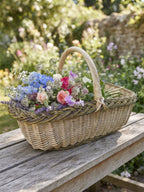 Wicker foraging basket with arched handle filled with a bouquet of garden flowers on a weathered wooden bench in a cottage garden