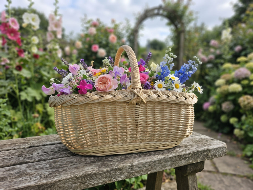 Shallow wicker harvest trug with a twisted handle full of roses, daisies and delphiniums on a garden bench among flower beds