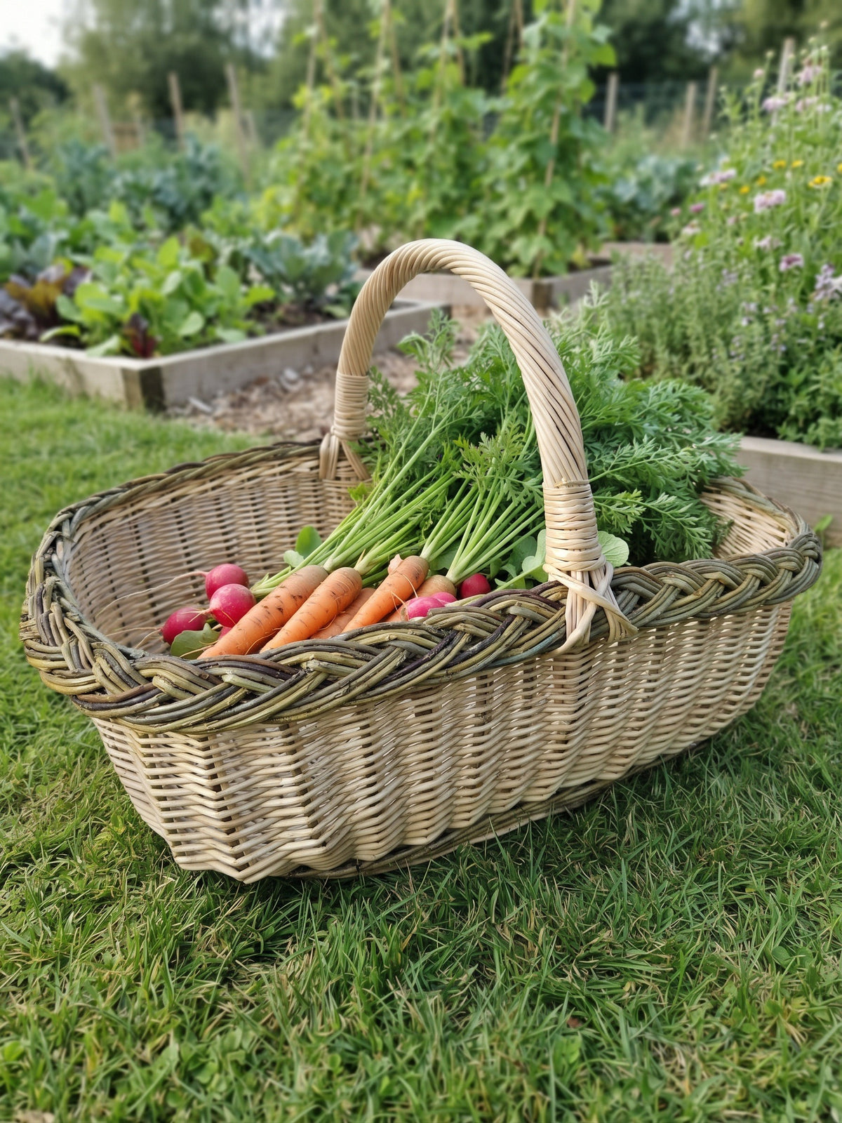 Willow harvest trug with a plaited border and arched handle filled with fresh carrots and radishes on the lawn by raised vegetable beds