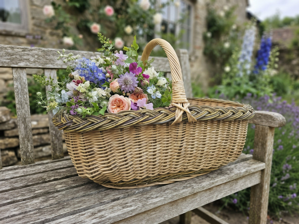 Wicker foraging basket with a plaited rim holding a mixed bouquet of cut flowers on an old wooden garden bench by a stone wall
