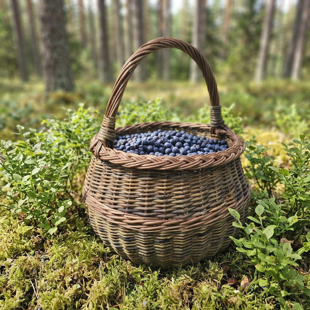 Maža apvali pintinė su rankena, pilna šviežių mėlynių, ant samanų tarp mėlynienojų pušyne