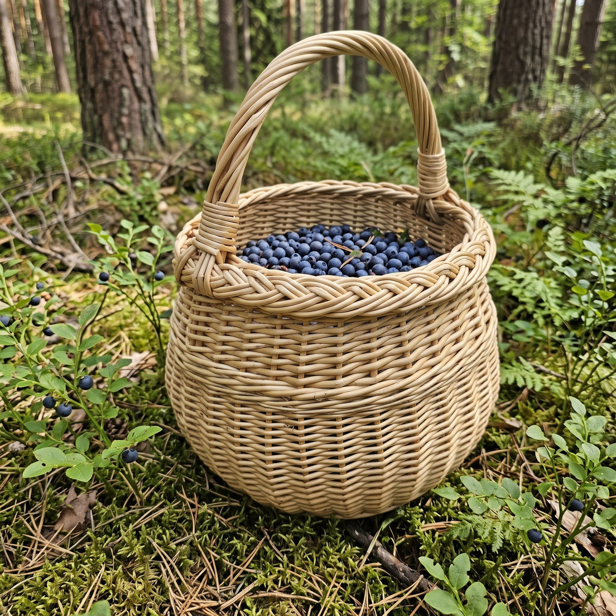 Grybų pintinė su kasele pintu kraštu, pilna mėlynių, ant samanų pušyne