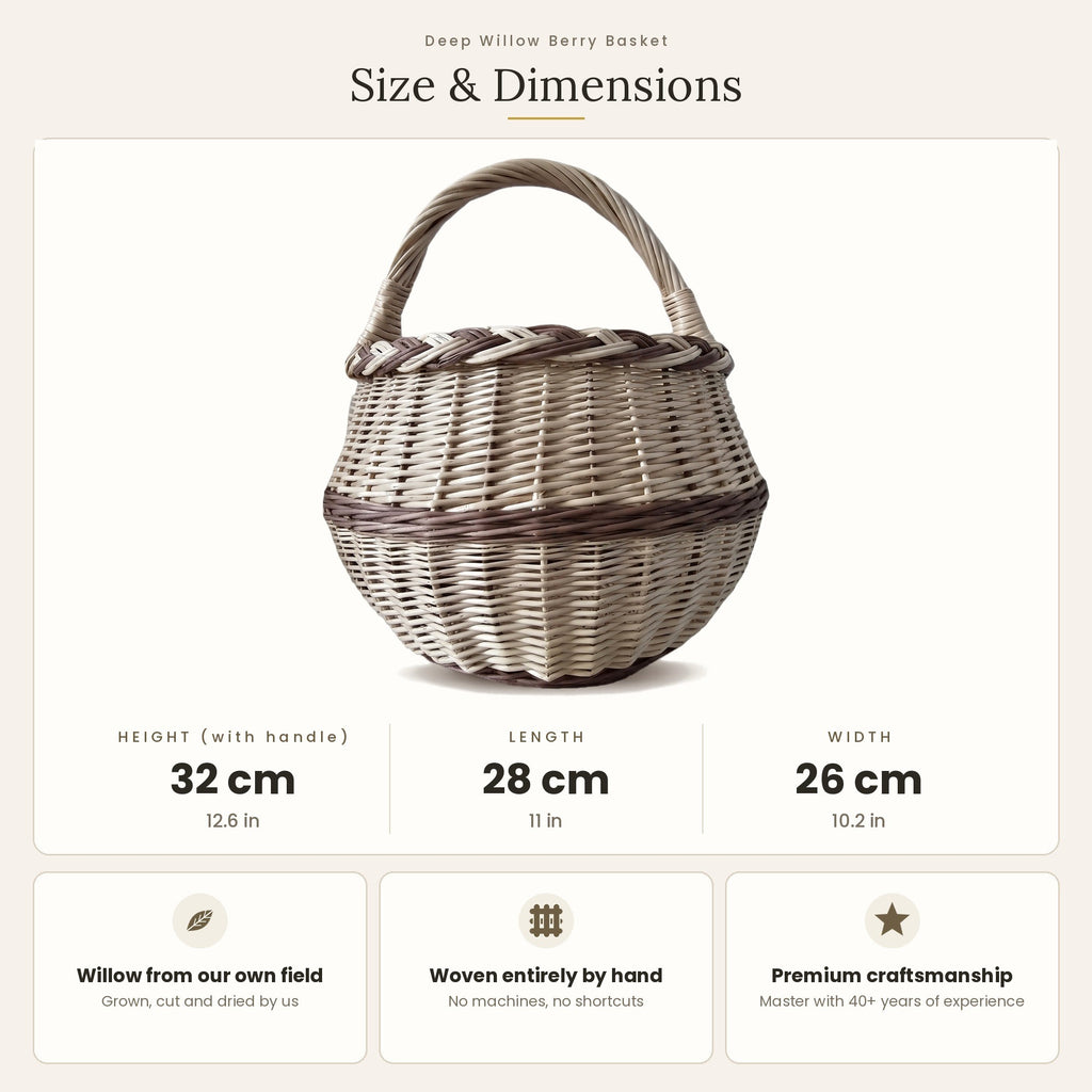 Grybavimo pintinės matmenys: aukštis su rankena 32 cm, ilgis 28 cm, plotis 26 cm