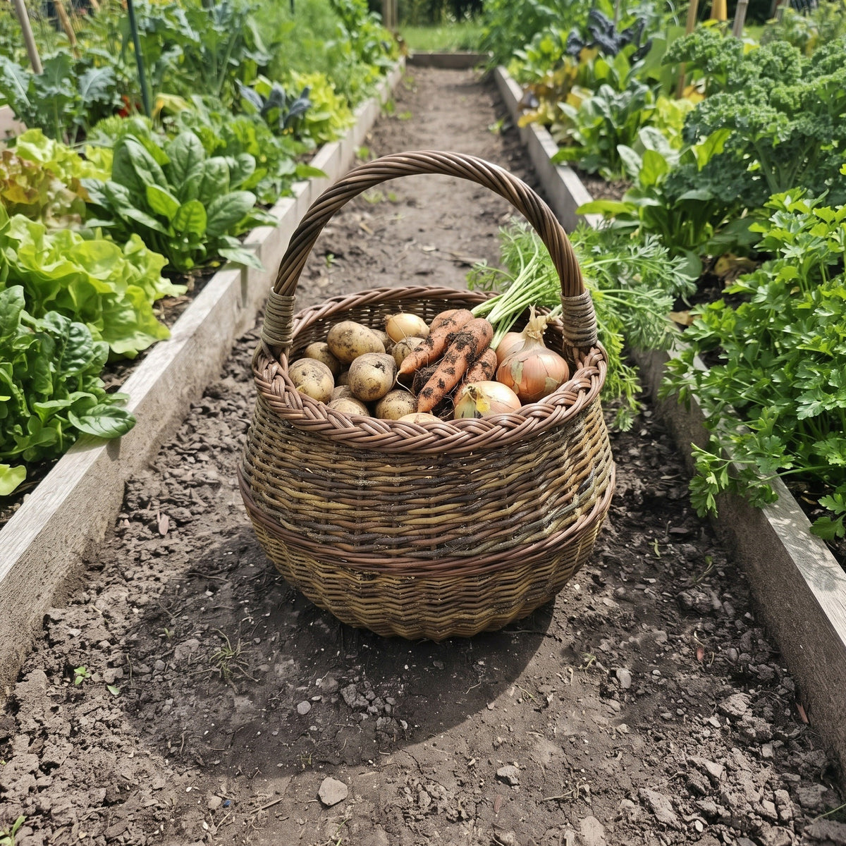 Maža apvali pintinė su rankena, pilna bulvių, morkų ir svogūnų, ant tako tarp pakeltų daržo lysvių