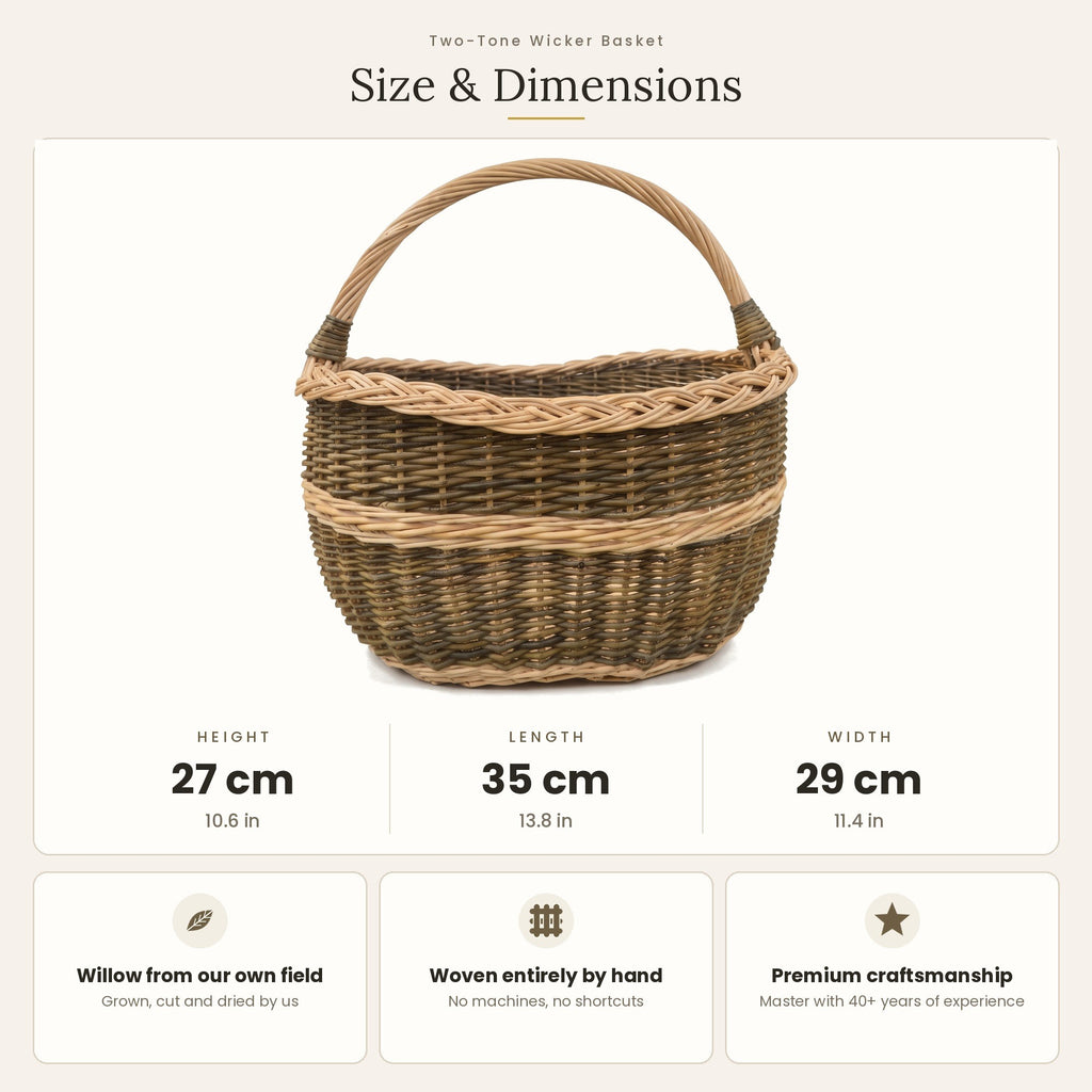 Obuolių pintinės matmenys: aukštis 27 cm, ilgis 35 cm, plotis 29 cm