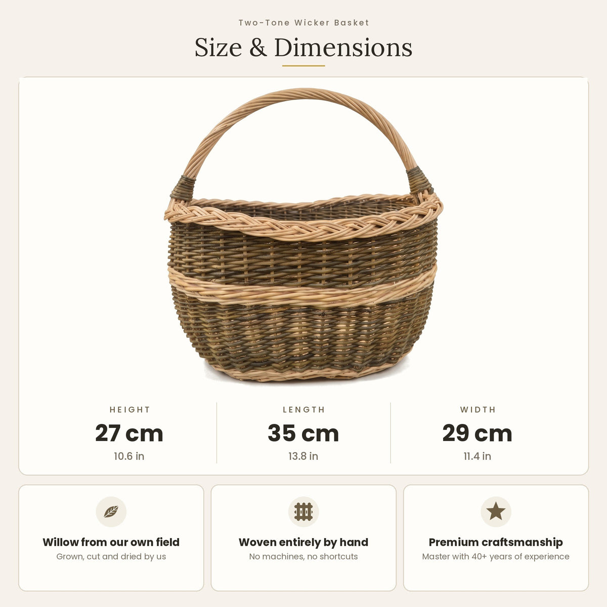 Obuolių pintinės matmenys: aukštis 27 cm, ilgis 35 cm, plotis 29 cm